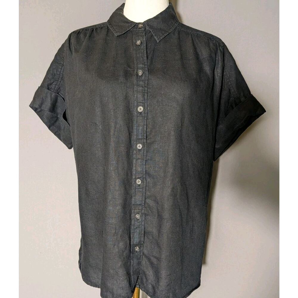 J.Crew Black 100% Linen Button Front Shirt Size Small Relaxed Fit Short Sleeve
